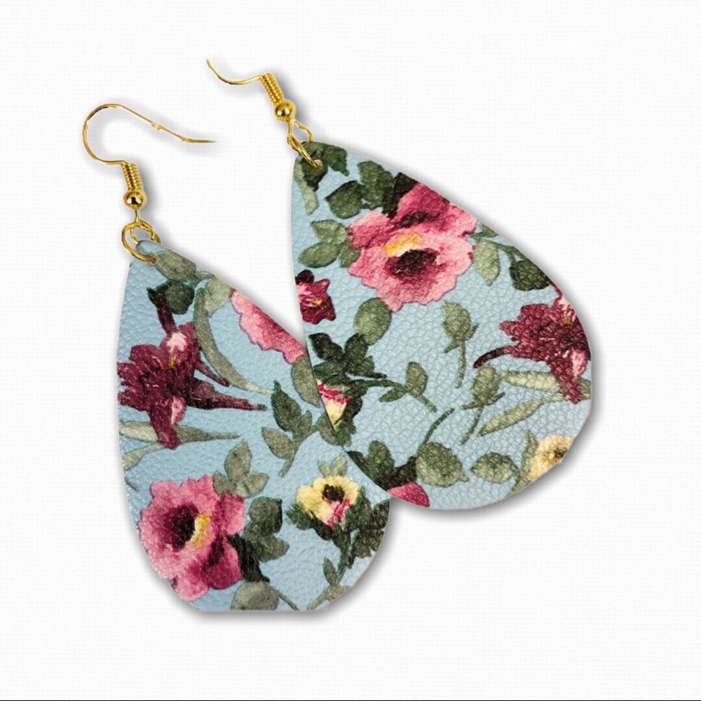 NEW ROSE FLORAL FAUX LEATHER TEARDROP EARRINGS